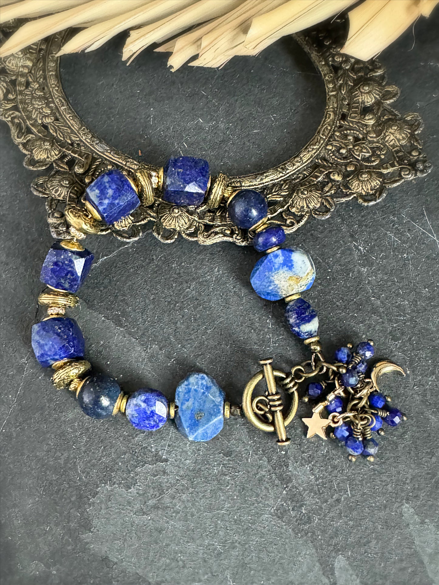 Lapis lazuli stone, african brass, bracelet.