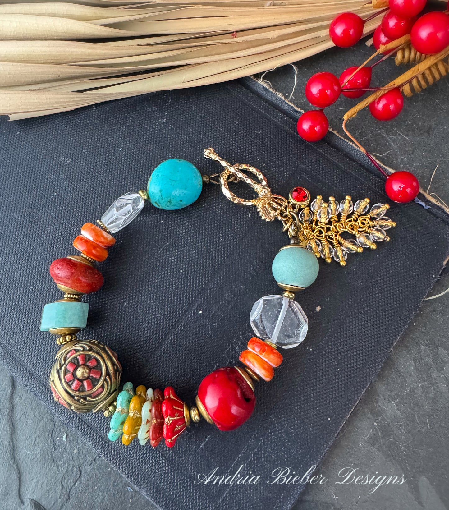 Kingman turquoise, Amazonite stone, quartz stone, ceramic, czech glass, nepal beads, red coral, aftican brass beads, bracelet.