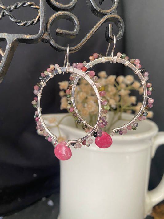 Pink tourmaline, wire wrapping, copper hoop earrings
