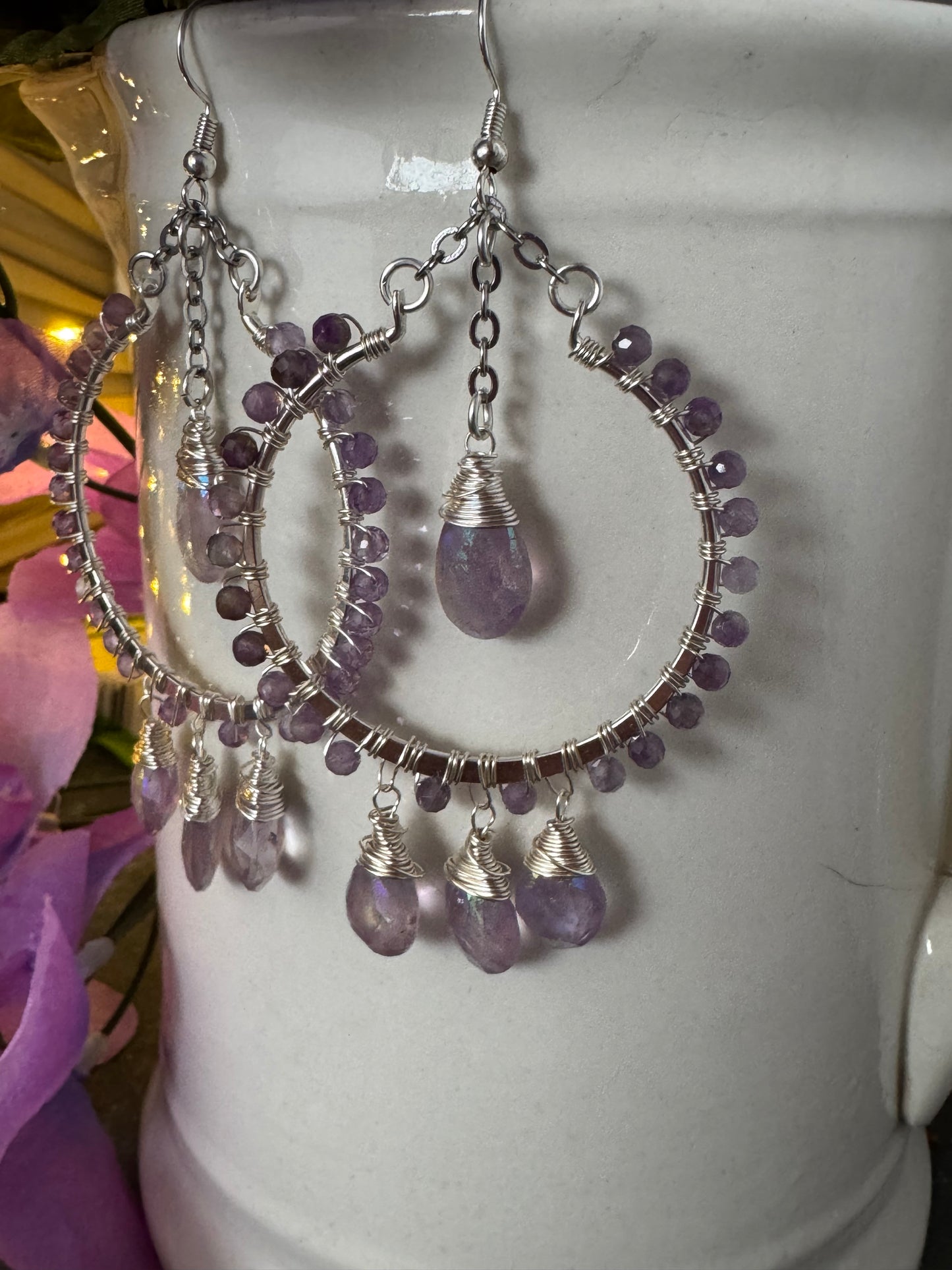 Amethyst luster gemstone drops, amethyst stones, sterling silver metal hoops, wire wrapped, earrings