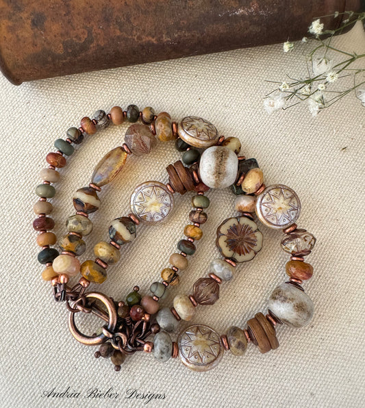 Jasper, crazy lace agate, ceramic,copper metal, bracelet.