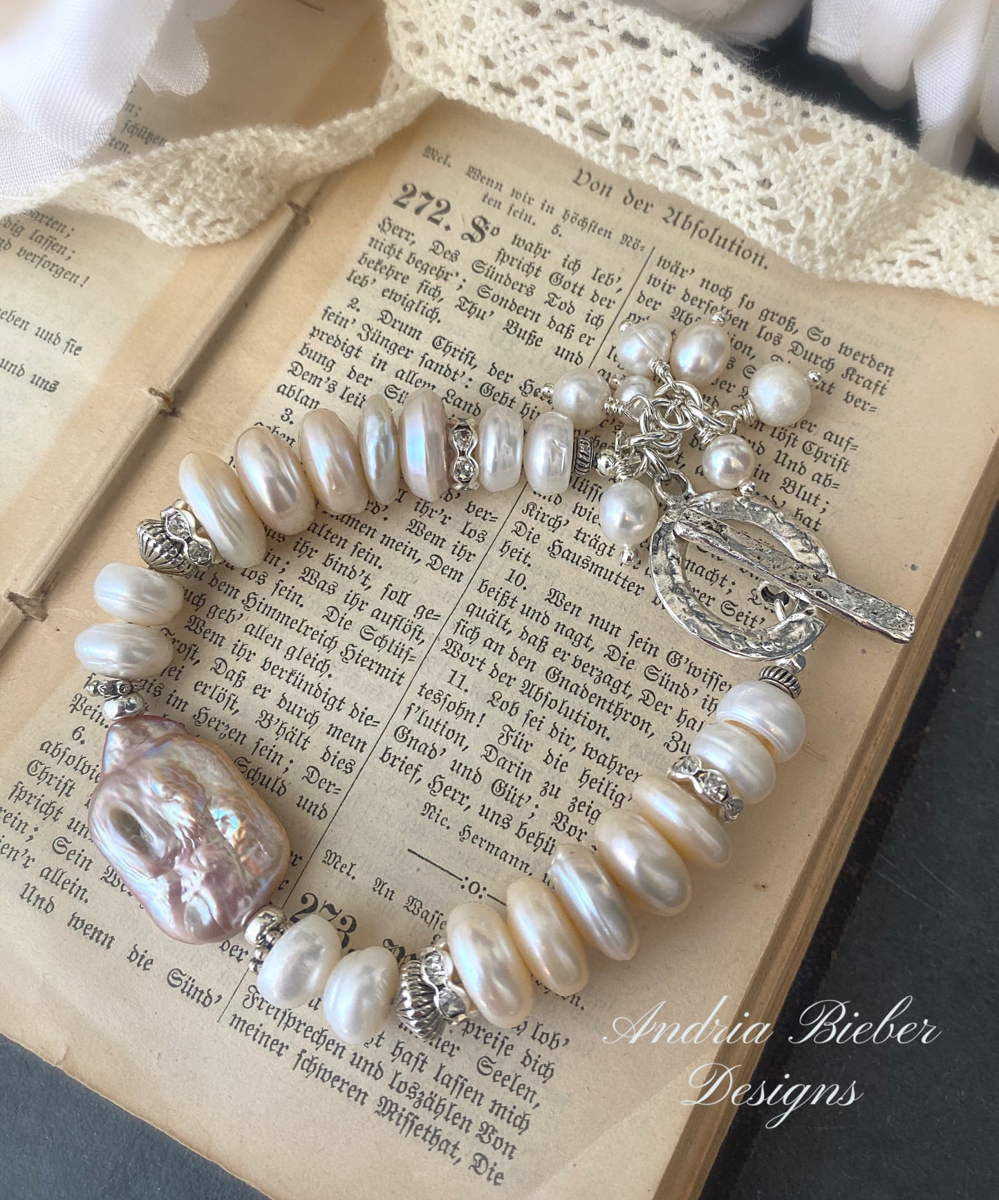 White and cream Baroque Pearl Beads, Natural Freshwater Shape Pearls and silver metal.