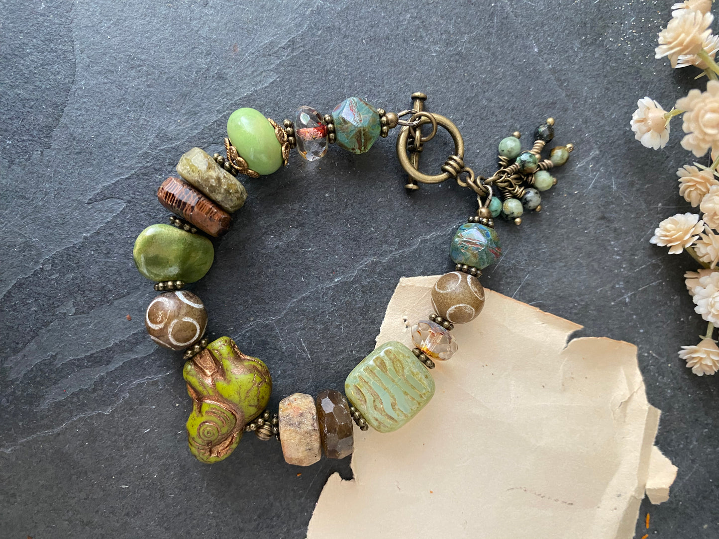 Green garnet, handamde african ceramic, dzi agate, green turquoise, czech glass, bracelet, jewelry