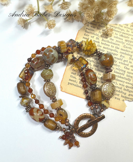 Ceramic, Czech glass, hessonite garnet, amazonite, Copper metal, bracelet.