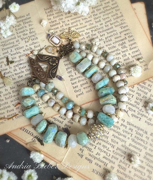 Amazonite luster stone, moonstone luster, african brass, bracelet. Rhinestone, opal charms.