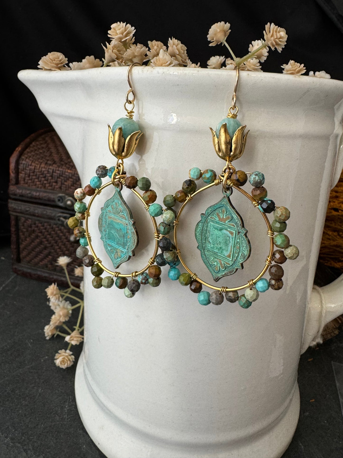 Boho patina charms,  turquoise stone, gold metal, earrings