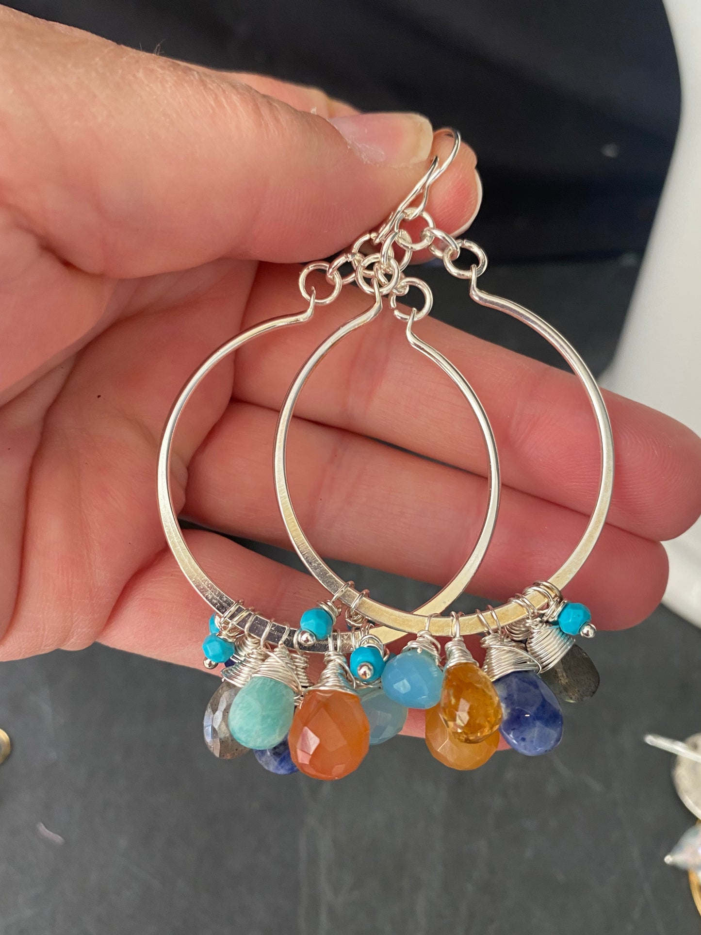 Mixed gemstones, wire wrapping, sterling silver hoop earrings