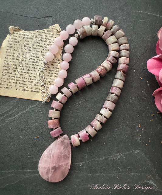 Rose quartz,  pink tourmaline gemstone, sterling silver metal, necklace, jewelry