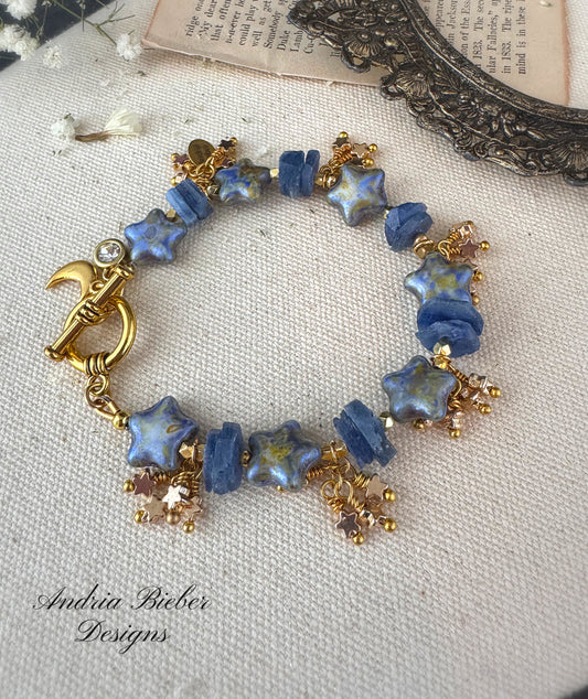 Star Czech glass, Kyanite stone, gold stars, bracelet