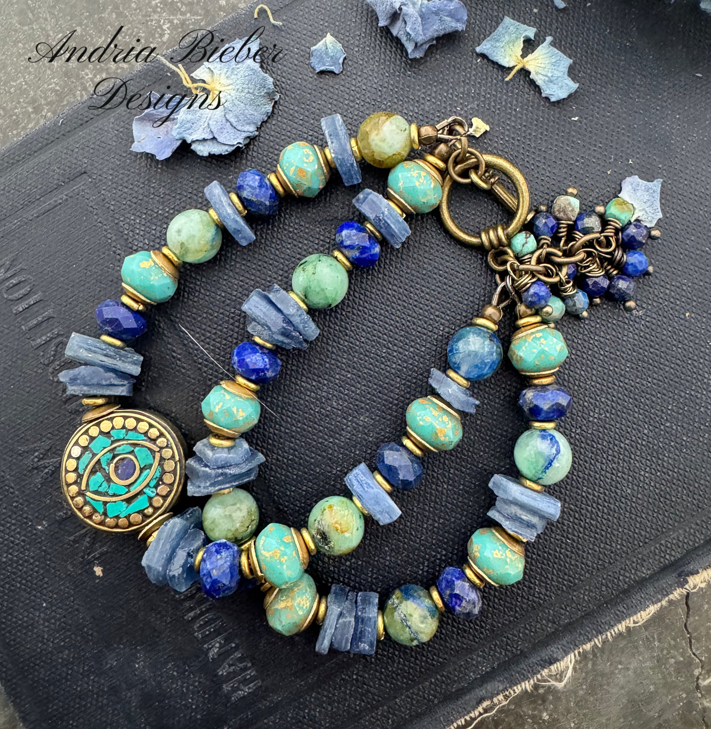 Azurite, kyanite, Turquoise stone, lapis lazuli stone, nepal beads, Czech glass, brass metal bracelet, KIT