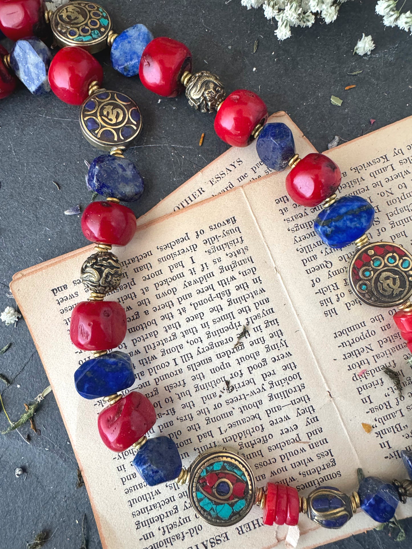 Lapis lazuli stone, Red coral, Tibeatan beads, affrican brass metal, necklace