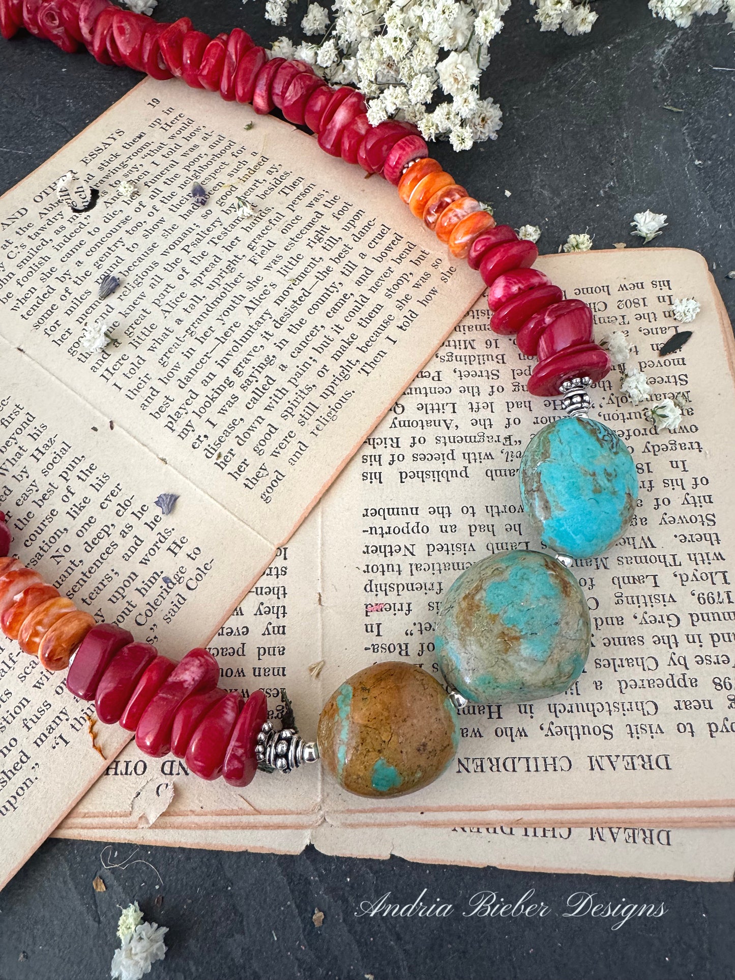 Spiney oyster, Red coral, Kingman turquoise, silver metal, necklace