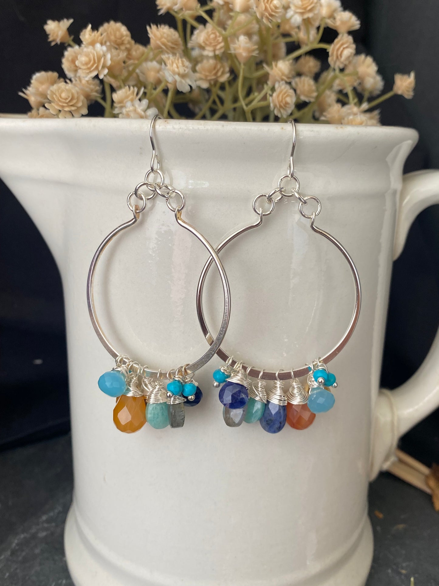 Mixed gemstones, wire wrapping, sterling silver hoop earrings