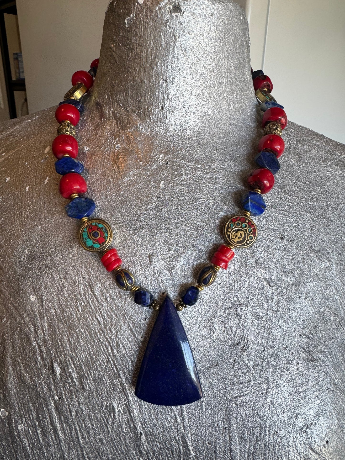 Lapis lazuli stone, Red coral, Tibeatan beads, affrican brass metal, necklace