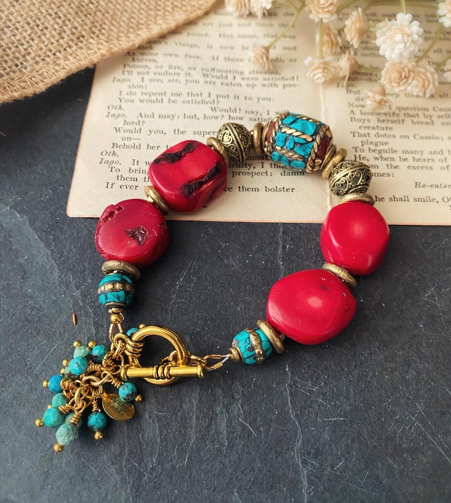 nepal beads, turquoise stone, red coral, African brass, bracelet