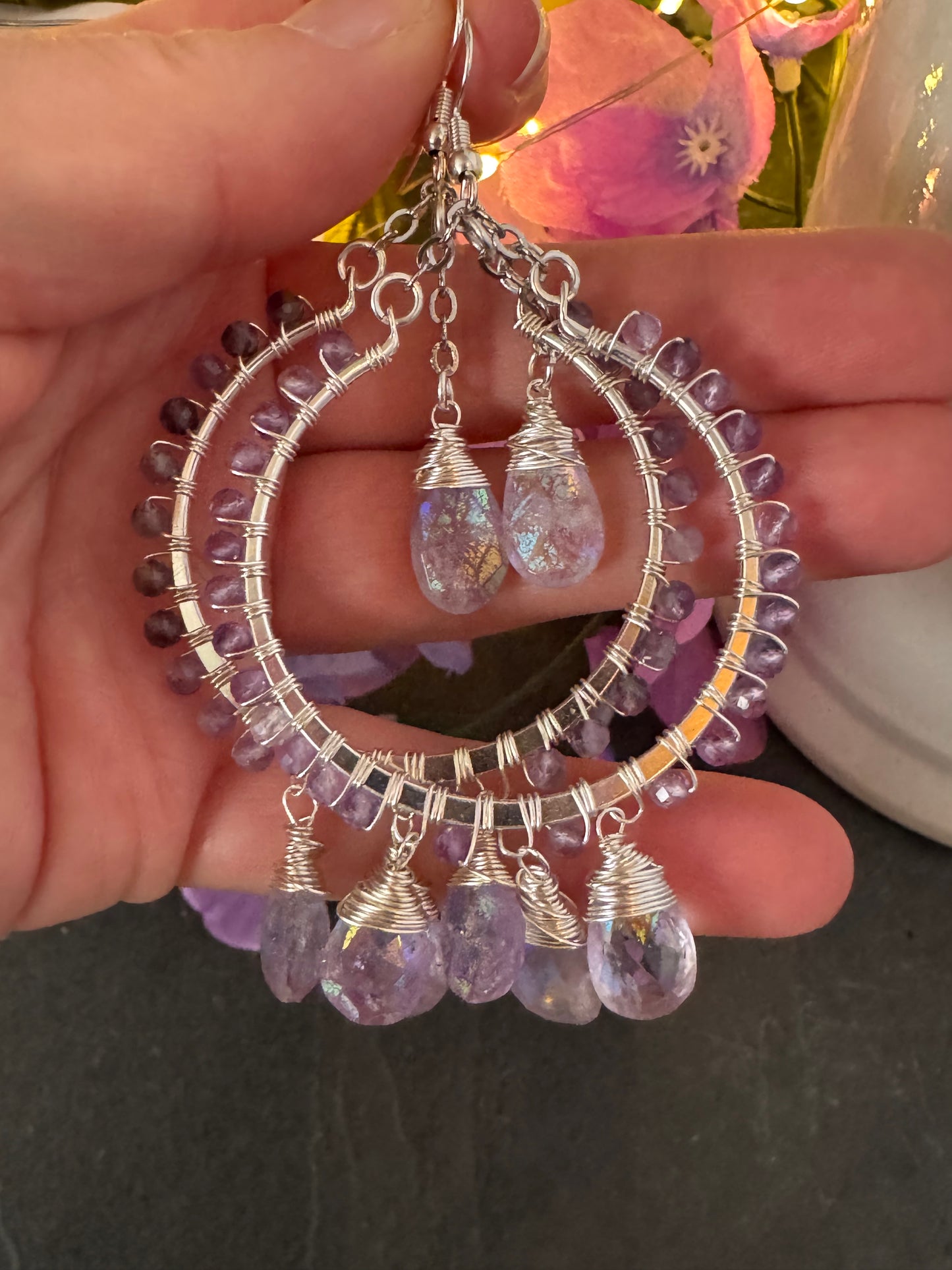 Amethyst luster gemstone drops, amethyst stones, sterling silver metal hoops, wire wrapped, earrings