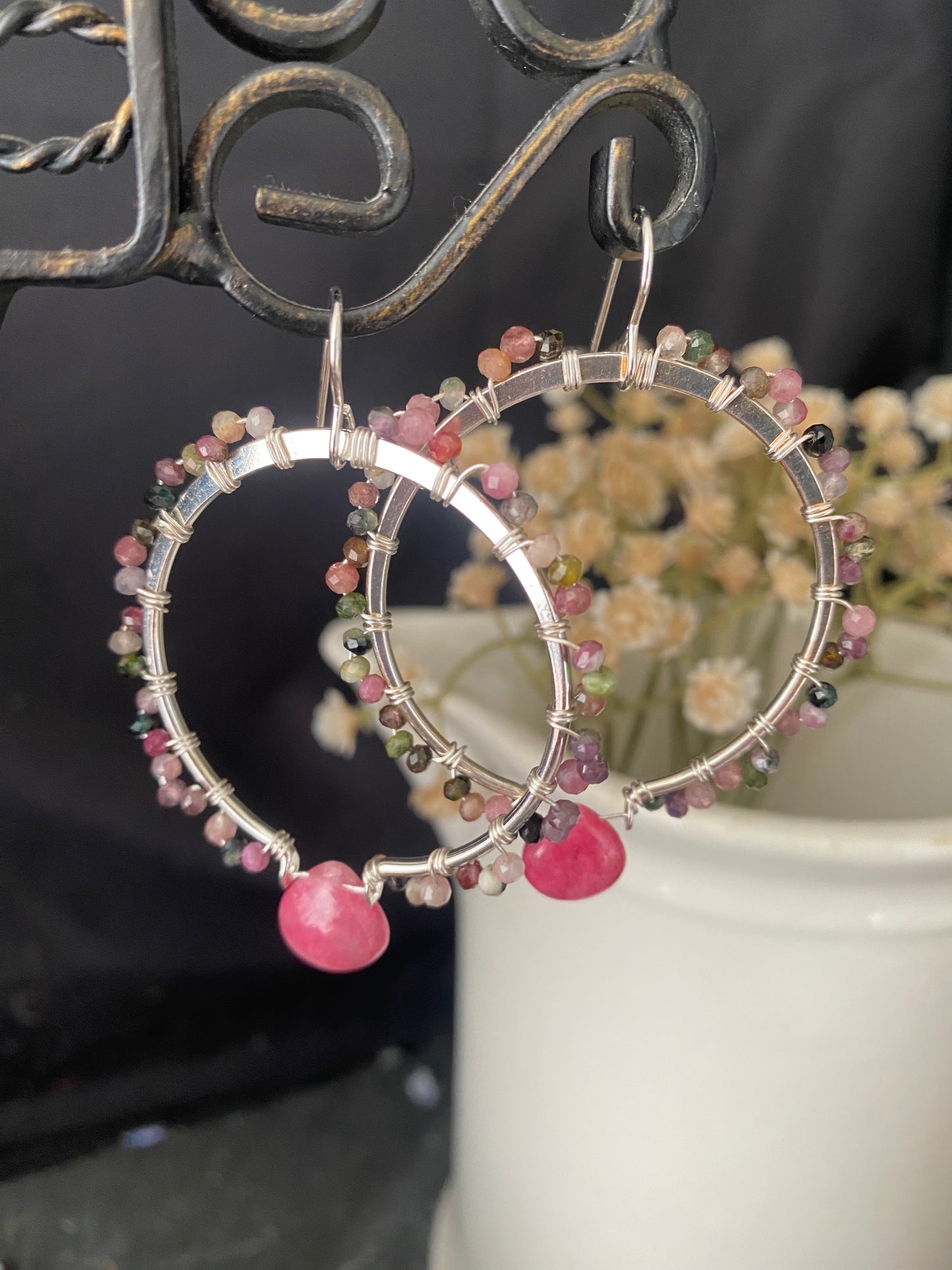 Pink tourmaline, wire wrapping, copper hoop earrings