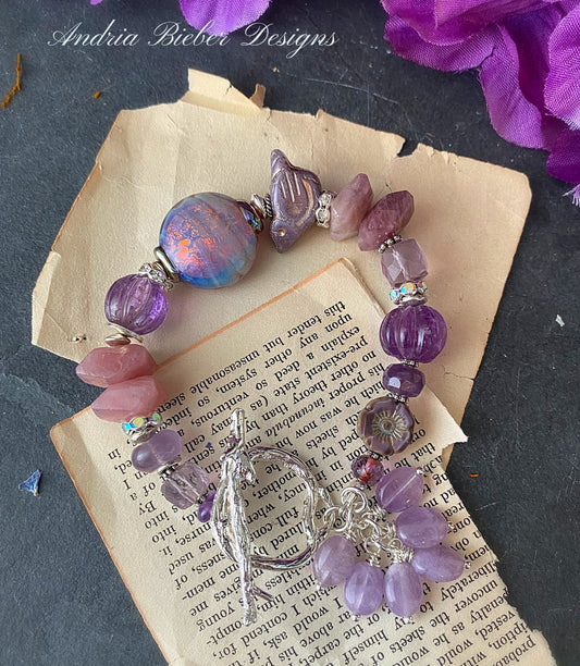 Madagascar Rose quartz, lampwork glass, amethyst stone, Czech glass and silver metal bracelet