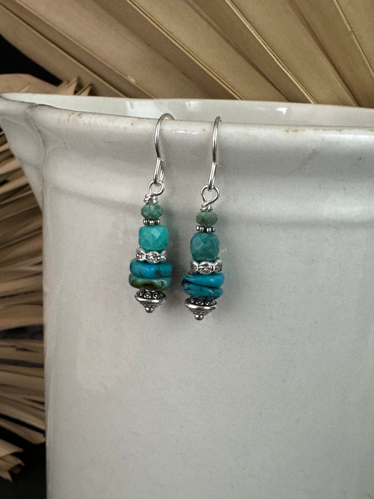 Turquoise stone, rhinestone, silver metal, earrings