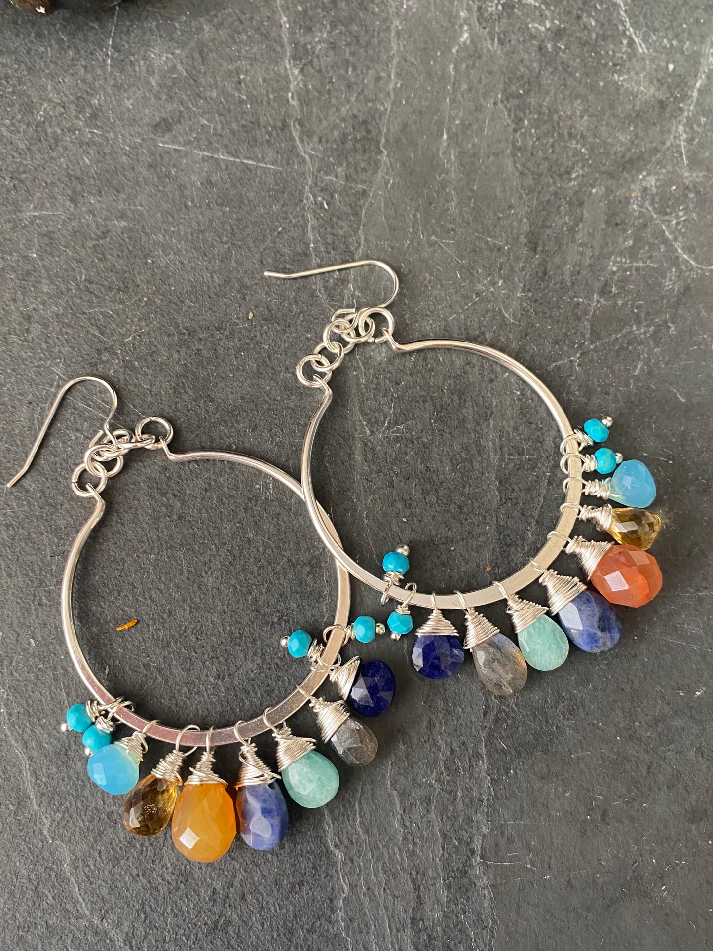 Mixed gemstones, wire wrapping, sterling silver hoop earrings