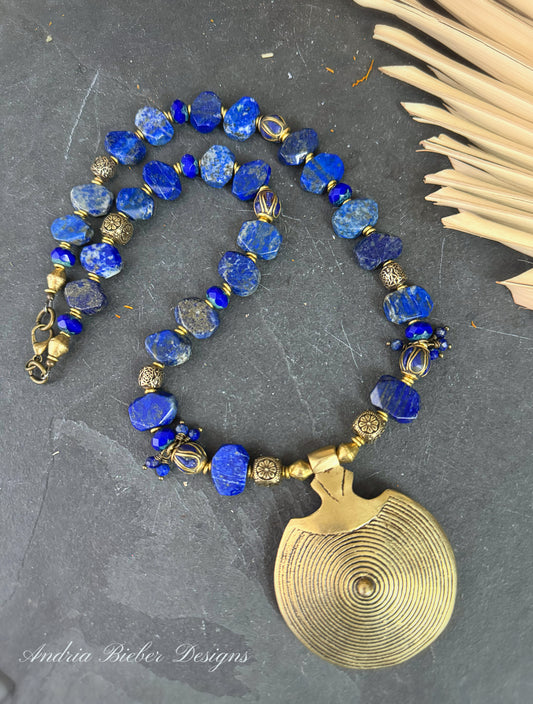 Lapis lazuli stone, Nepal beads, brass metal, necklace