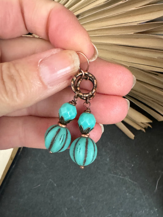 Turquoise Czech glass, hammered copper metal, earrings