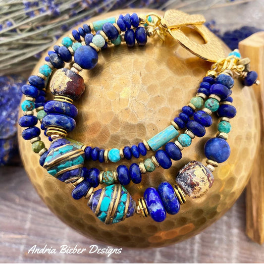 Turquoise stone, lapis lazuli stone, nepal beads, Czech glass, brass metal bracelet.