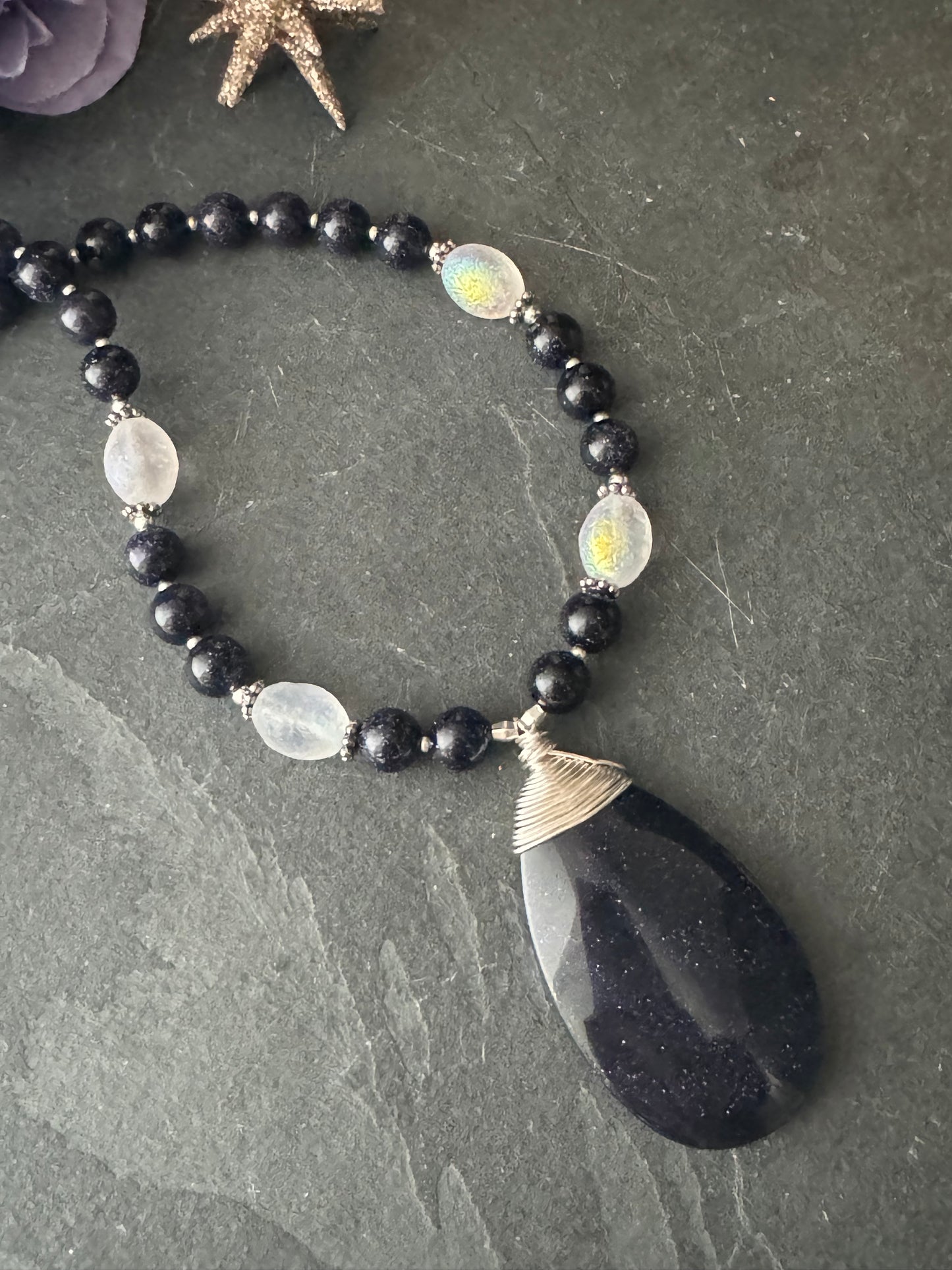 Purple goldstone and moonstone Czech glass necklace, jewelry