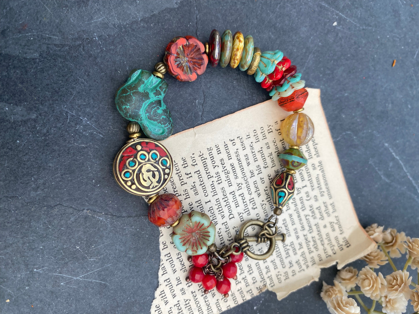 Nepal beads, green, red, turquoise color mix, Czech glass, brass metal, bracelet.