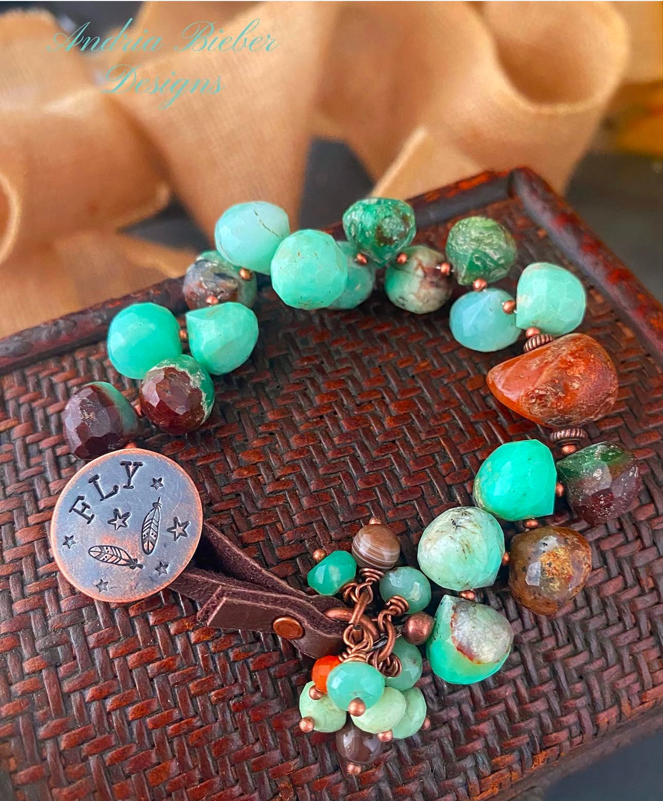 Chrysoprase stone,copper metal, button, leather, bracelet.