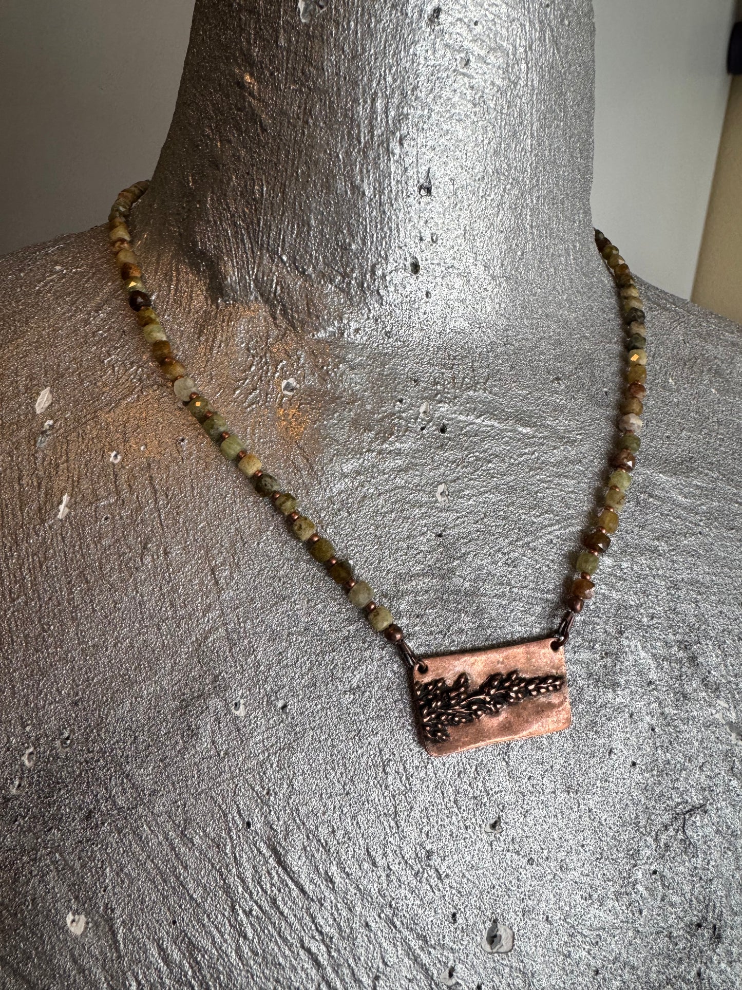 Green Garnet, copper metal pendant, necklace, jewelry