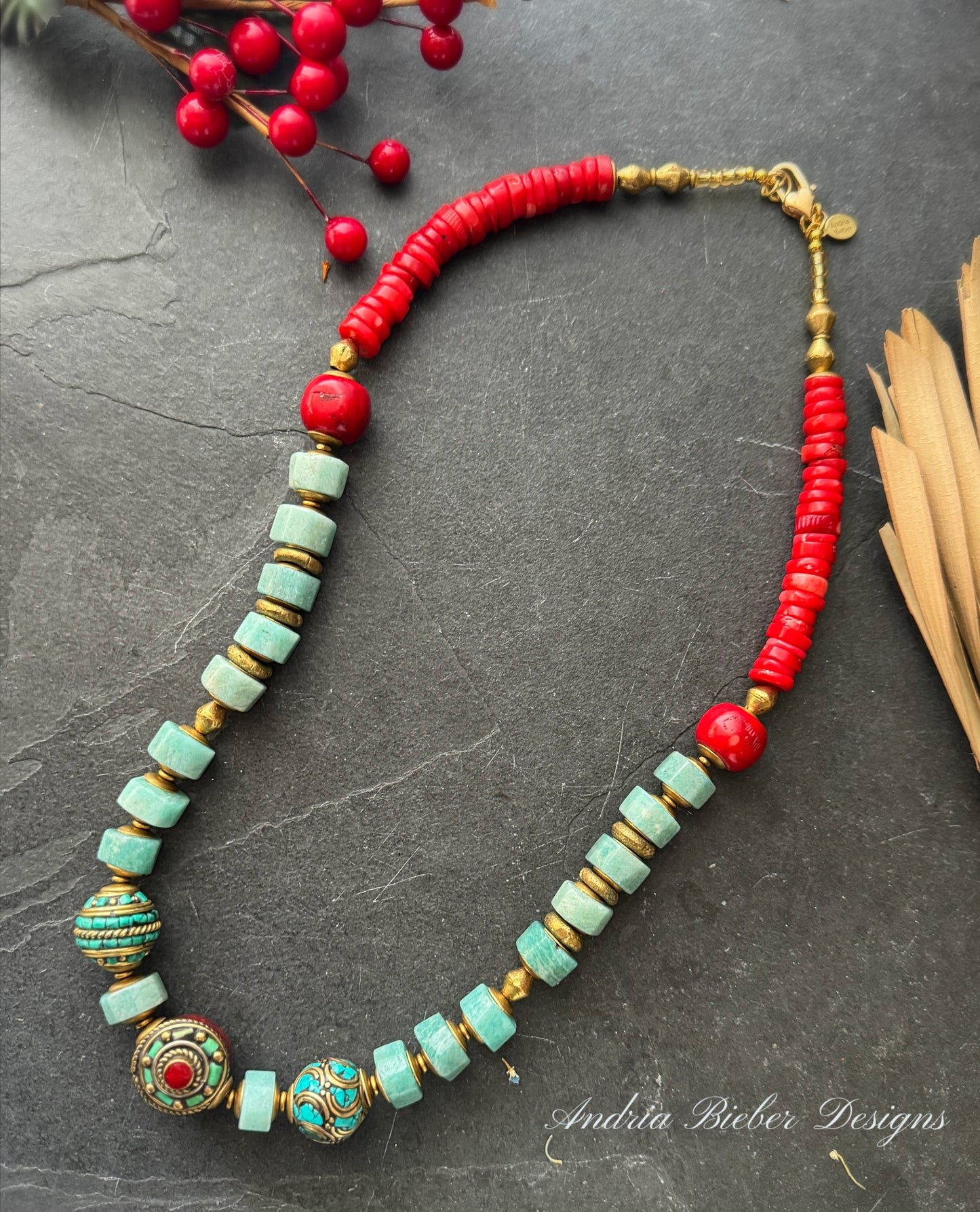 Amazonite stone, nepal beads, red coral, African brass, necklace.