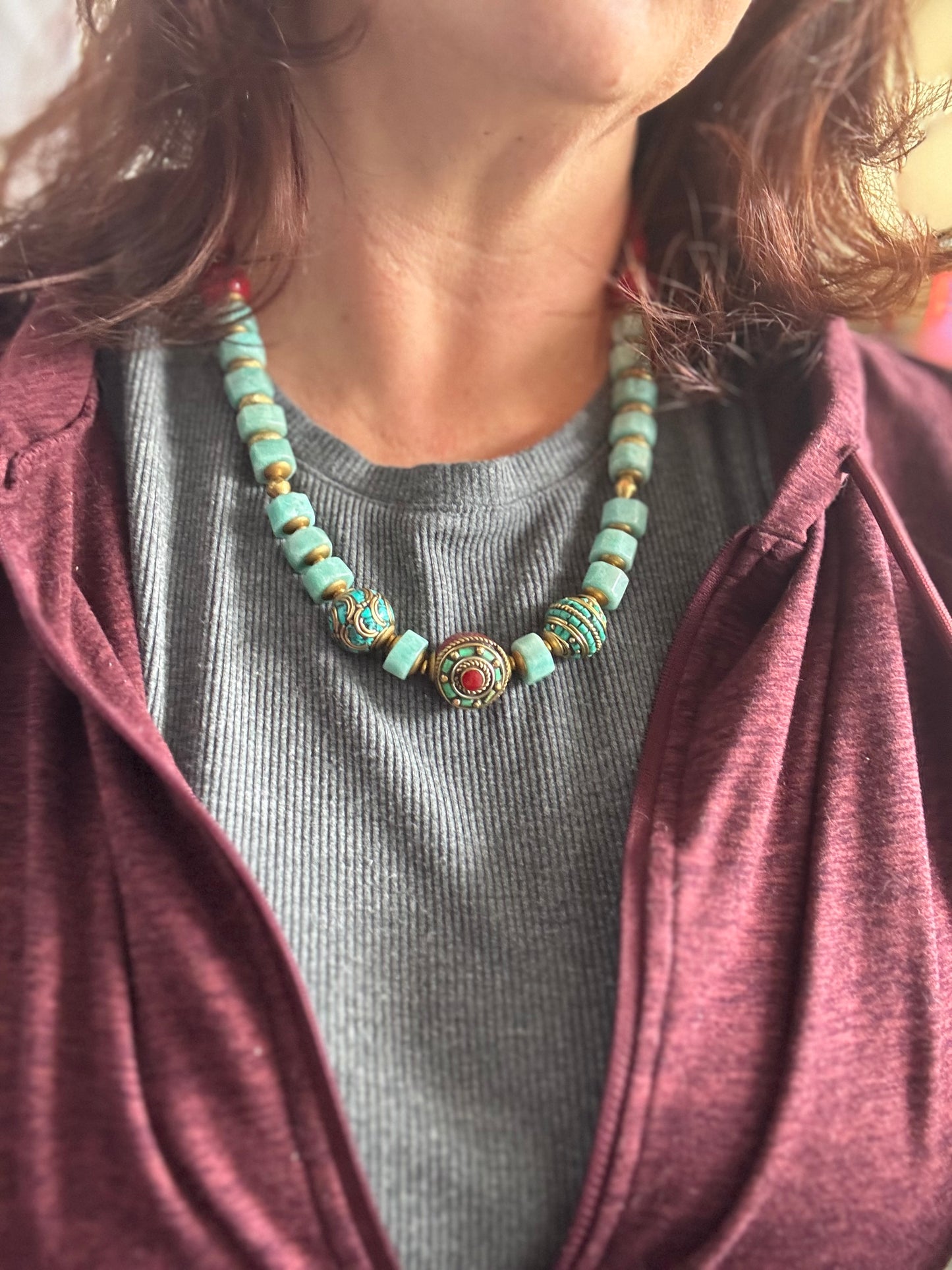 Amazonite stone, nepal beads, red coral, African brass, necklace.