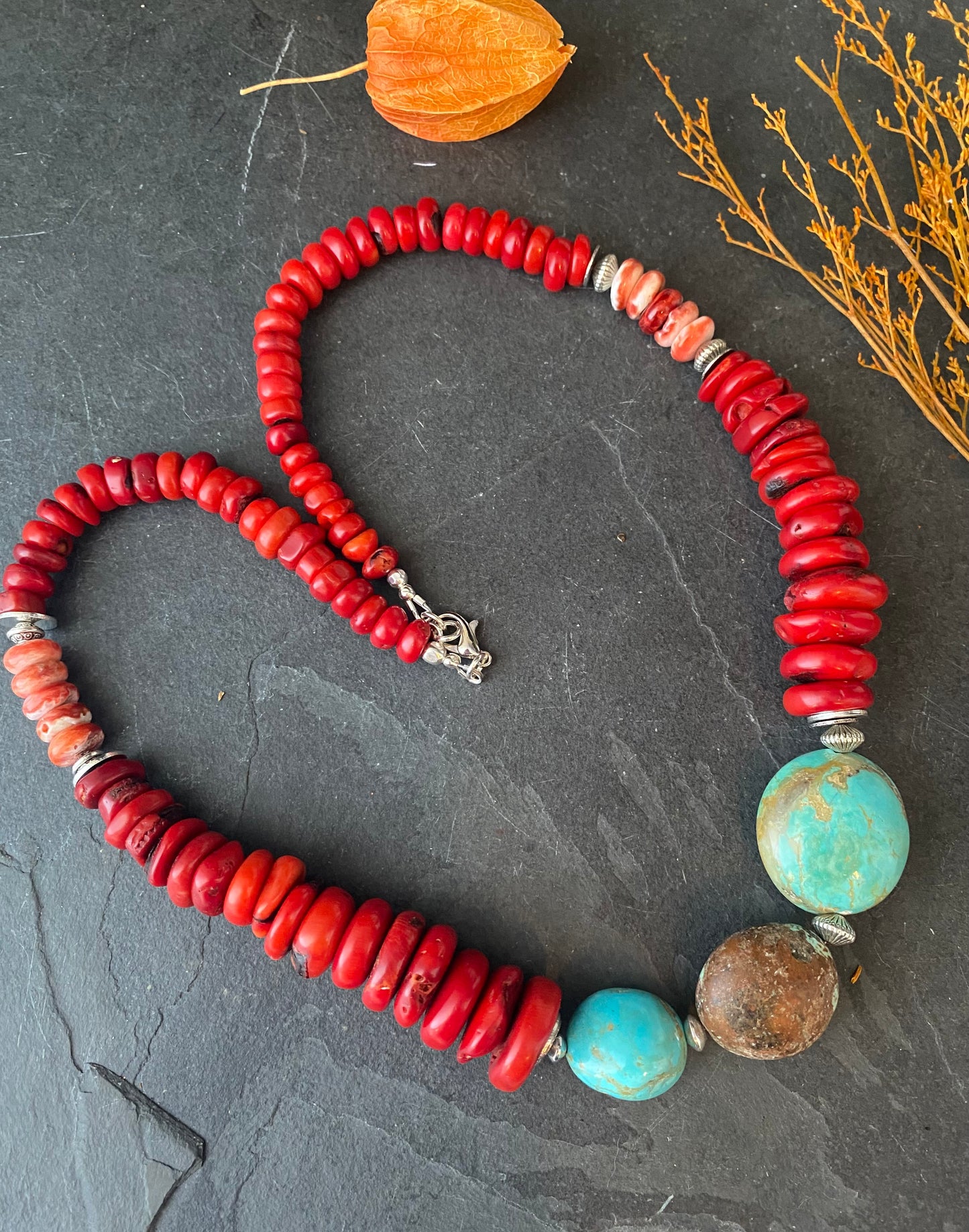 Spiney oyster, Red coral, Kingman turquoise, silver metal, necklace