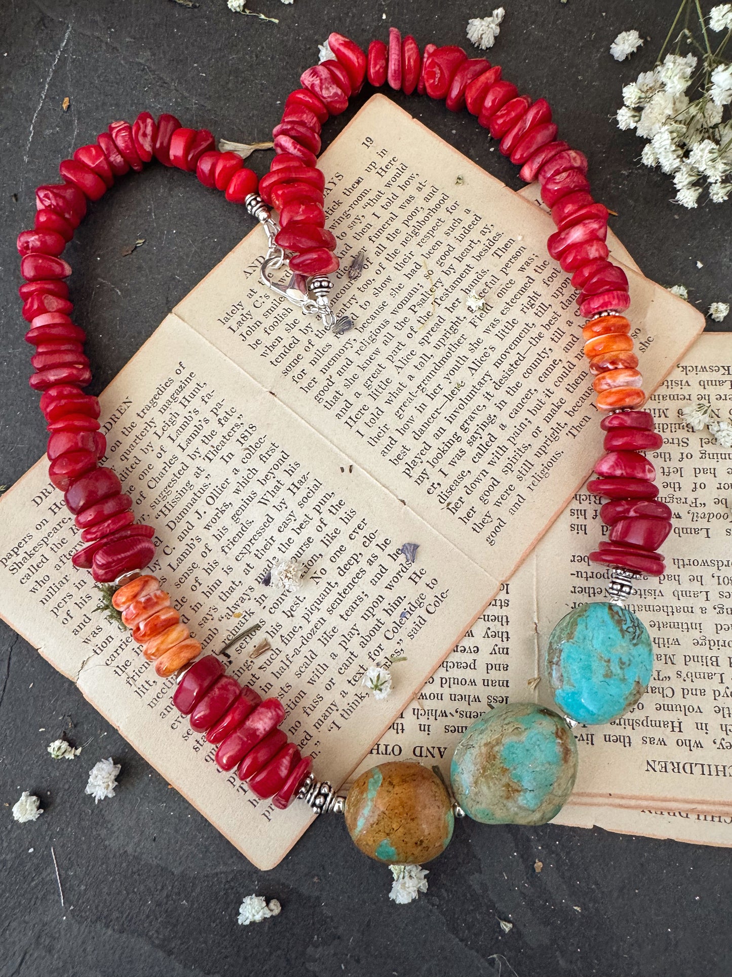 Spiney oyster, Red coral, Kingman turquoise, silver metal, necklace