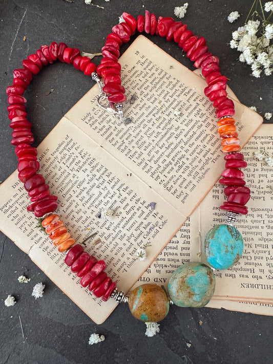 Spiney oyster, Red coral, Kingman turquoise, silver metal, necklace