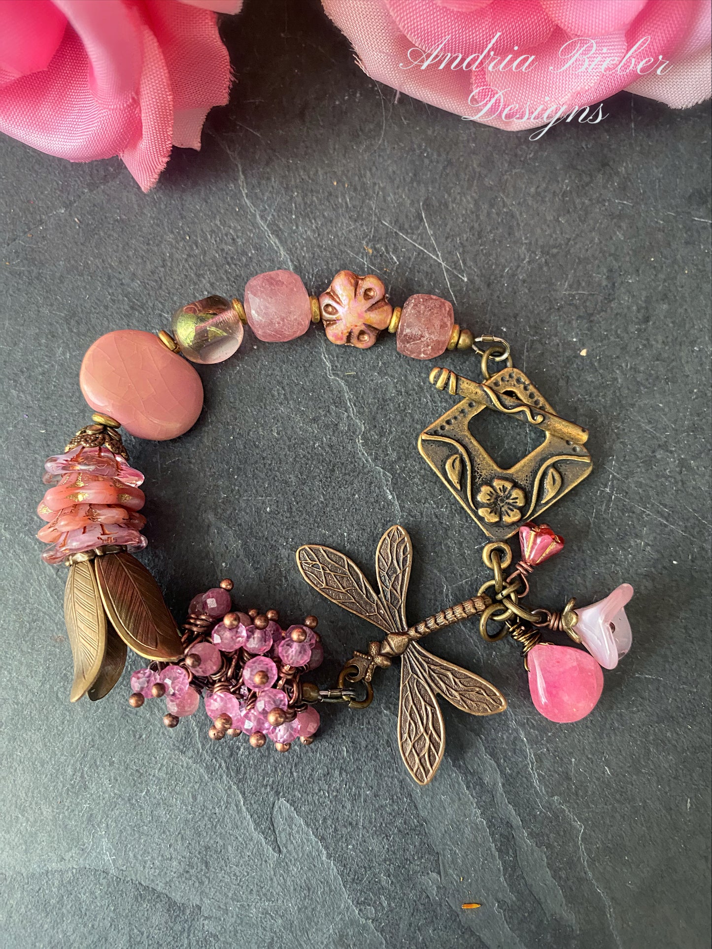 Pink tourmaline gemstone, ceramic, pink topaz, dragonfly, Czech glass, charm bracelet