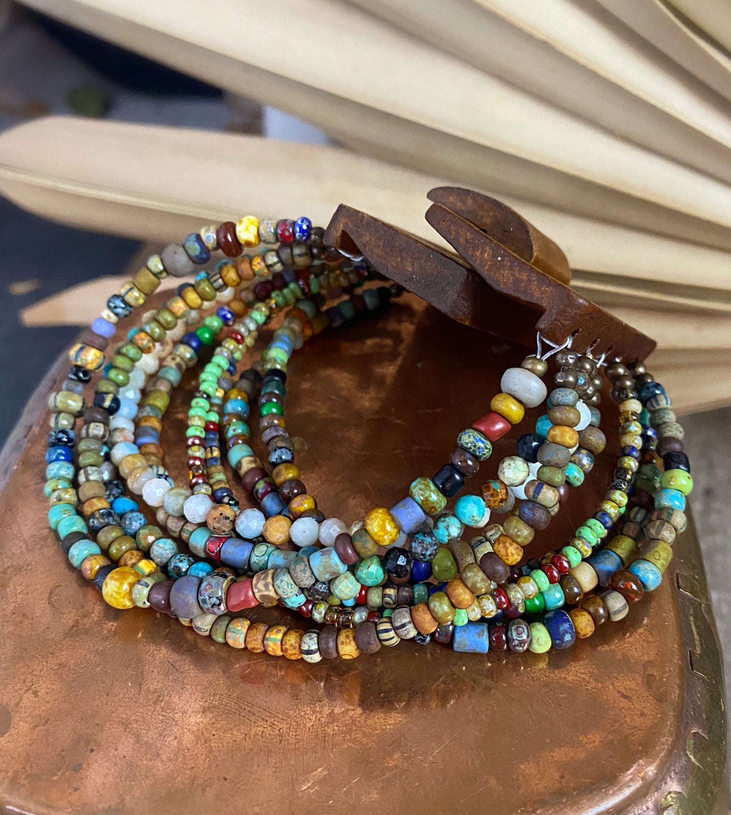 Wood clasp, Czech glass, amazonite stone, turquoise stone, large cuff style bracelet, KIT