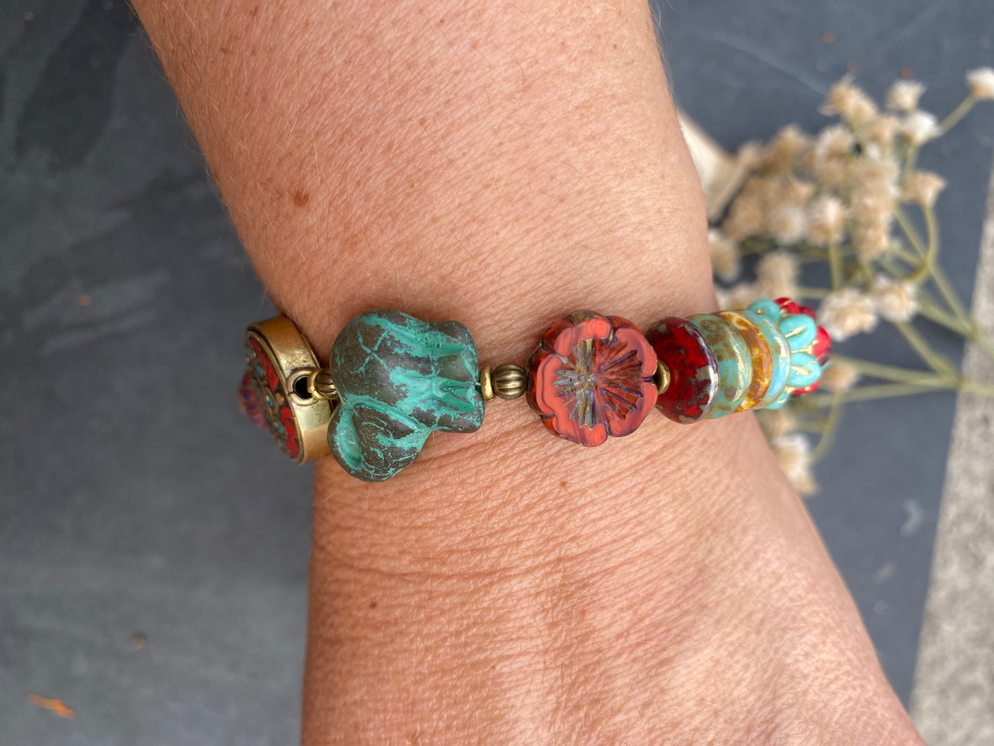 Nepal beads, green, red, turquoise color mix, Czech glass, brass metal, bracelet.