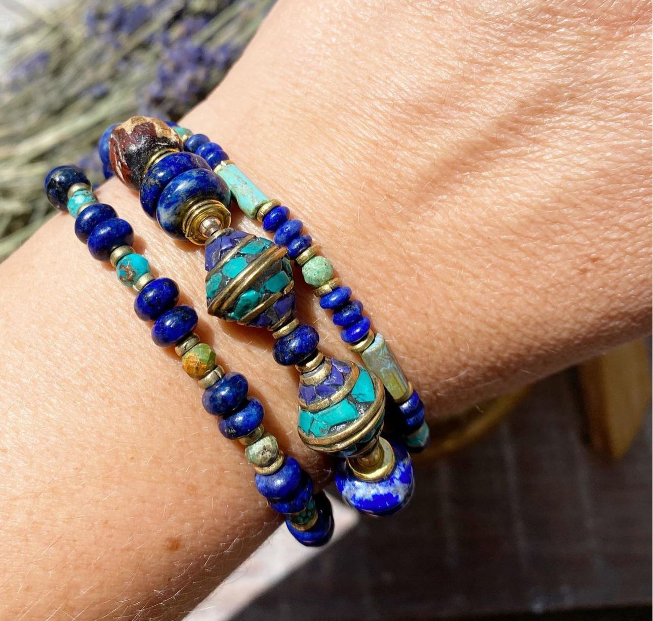 Turquoise stone, lapis lazuli stone, nepal beads, Czech glass, brass metal bracelet.