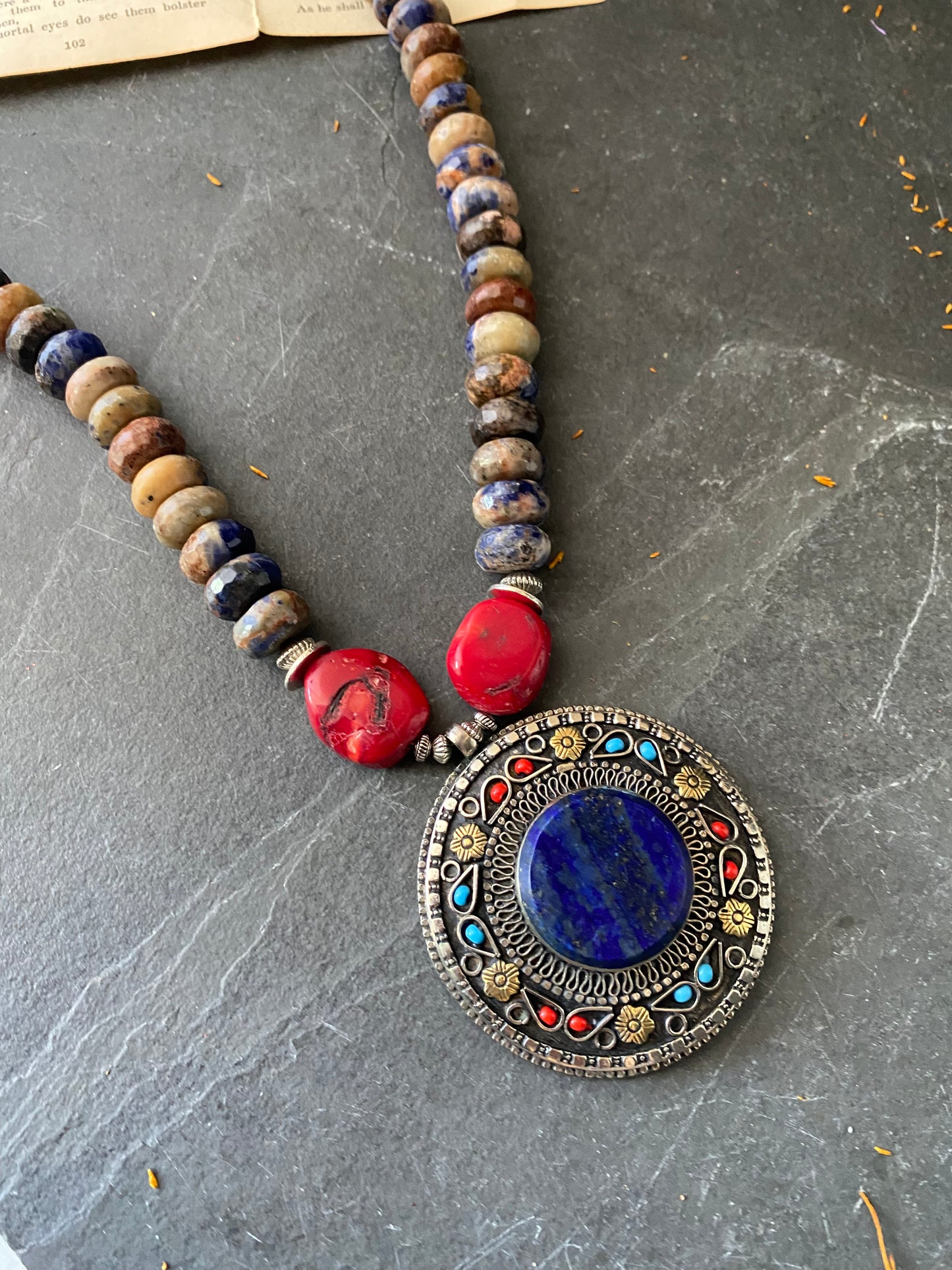 Lapis lazuli stone, sodalite stone, red coral, glass, necklace, silver metal, necklace, jewelry