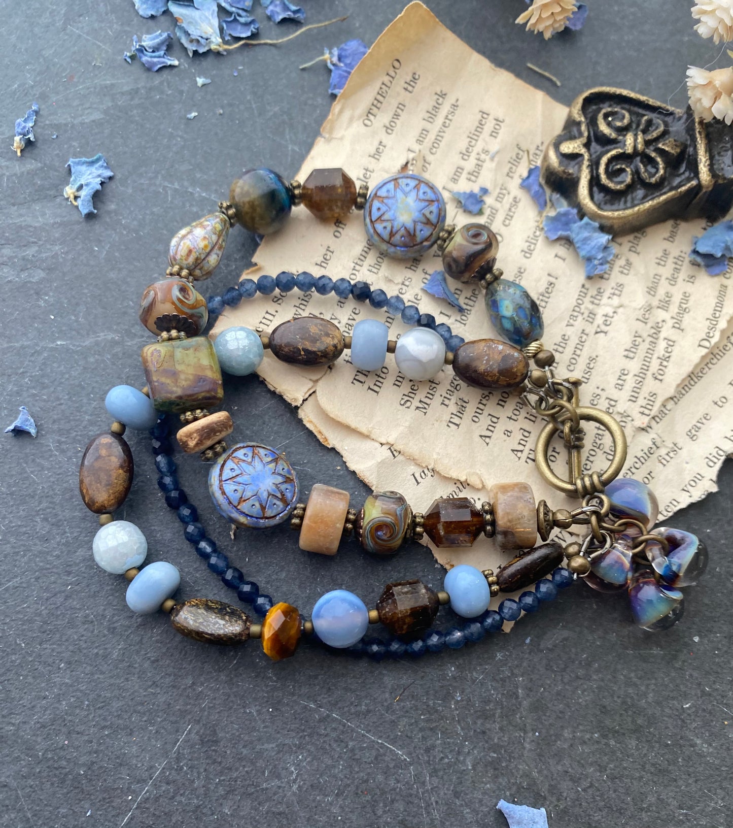 Bronzite, blue stone blend, czech glass, bracelet.