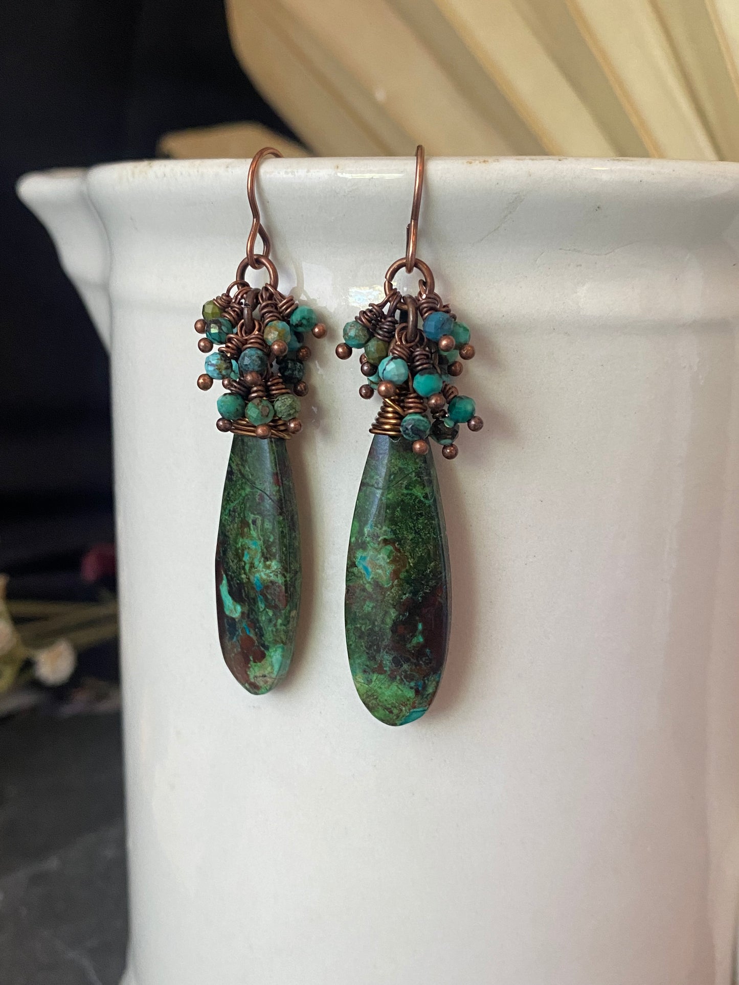 chrysocolla stone, copper metal earrings, jewelry.