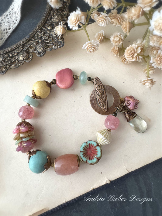 Ceramic beads, czech glass, strawberry quartz stone, peach sunstone, green amethyst, bracelet.