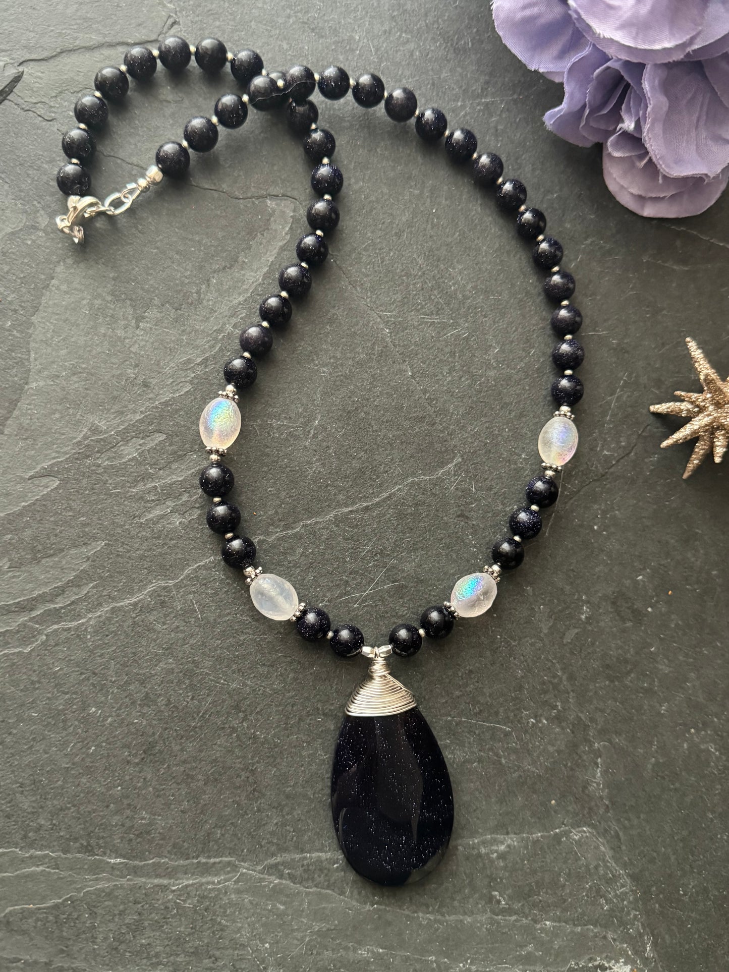 Purple goldstone and moonstone Czech glass necklace, jewelry