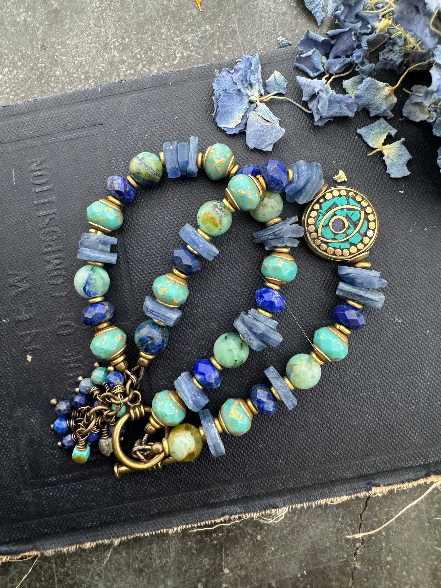 Azurite, kyanite, Turquoise stone, lapis lazuli stone, nepal beads, Czech glass, brass metal bracelet, KIT