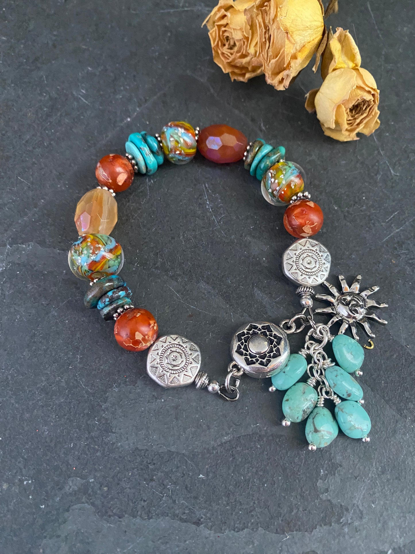 Turquoise, lampwork glass, carnelian agate, silver metal, bracelet, jewelry
