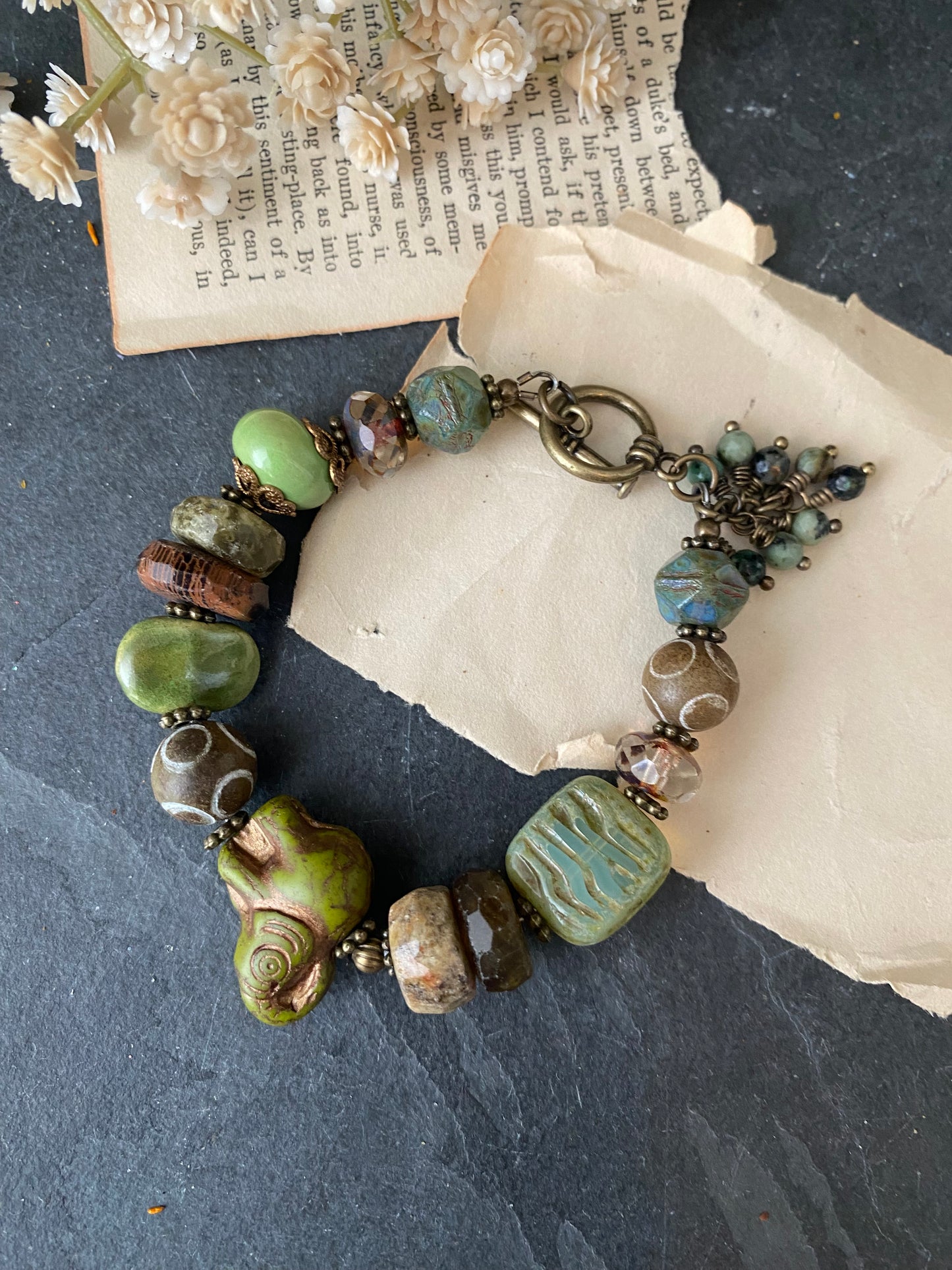 Green garnet, handamde african ceramic, dzi agate, green turquoise, czech glass, bracelet, jewelry