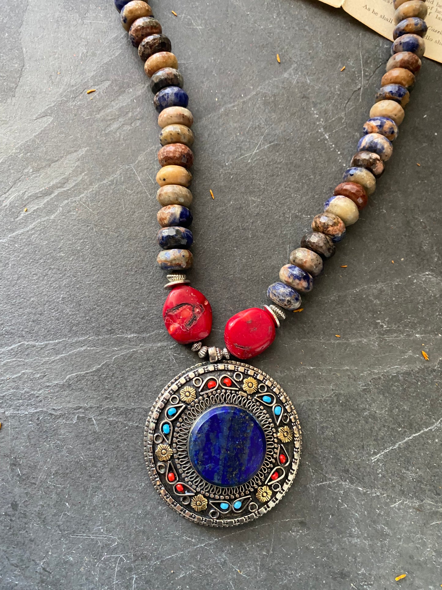 Lapis lazuli stone, sodalite stone, red coral, glass, necklace, silver metal, necklace, jewelry