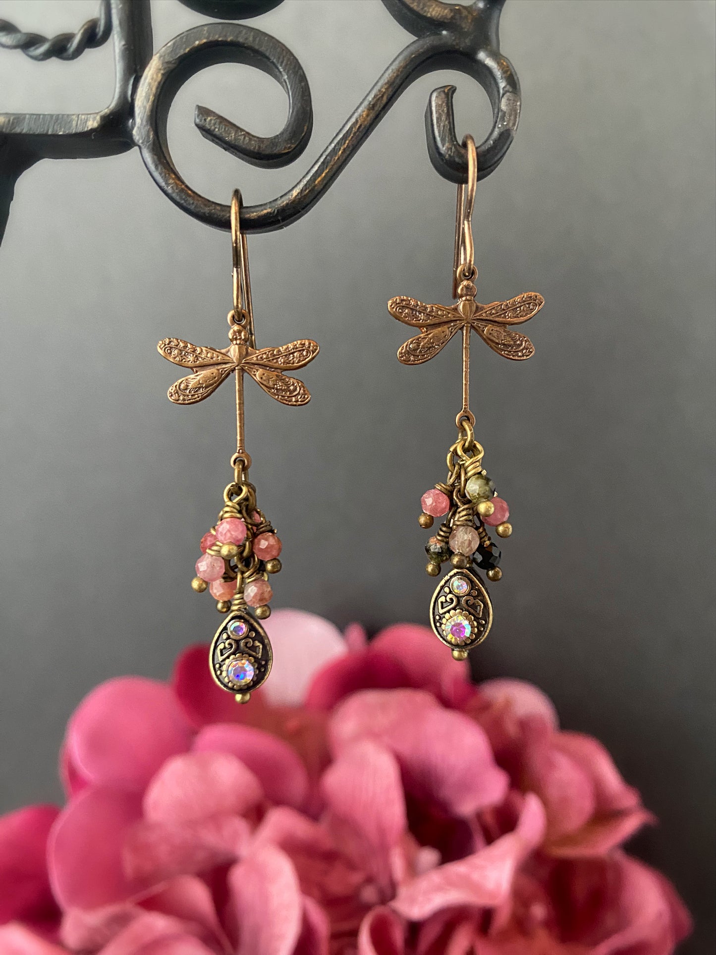 Watermelon tourmaline stone, dragonfly chocolate bronze metal, rhinestone, earrings.